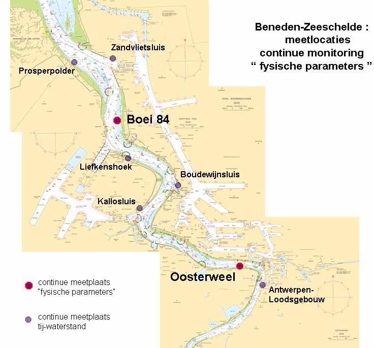 Figuur 57 toont de beide inplantingsplaatsen meer in detail: - Boei 84, aan rechteroever van de vaargeul, ter hoogte van Doel (aan L.O.