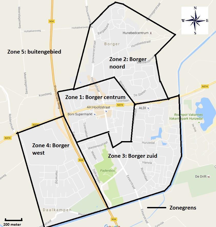 Kaart van de zones in Borger (exclusief