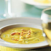 Saffraancrème-soep met ribierkreeftjes stijd : voorbereiden : 25 minuten, bereiden : 5 minuten Ingrediënten (4 pers) 1 prei 2 aardappels (kruimig) (± 300 gr) 1 eetlepel boter of margarine 1 teentje