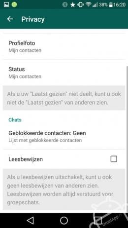 Blauwe vinkjes (Android) menu/instellingen/account/privacy Wanneer bij een bericht je blauwe vinkjes te zien krijgt, betekent dit dat de ander het bericht heeft gelezen.