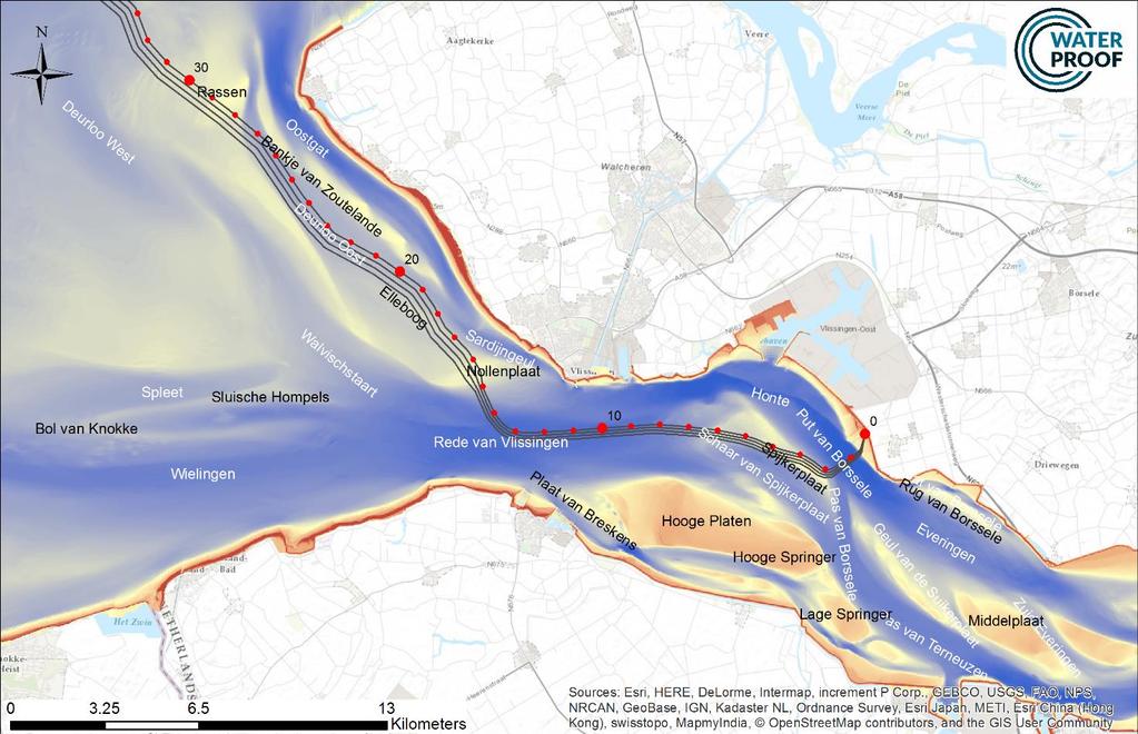 Figure 2.2. Morphology and naming of morphologic features in the Western Scheldt As shown in Figure 2.3, the depth along the cable route varies from about LAT 0 m to -50 m.