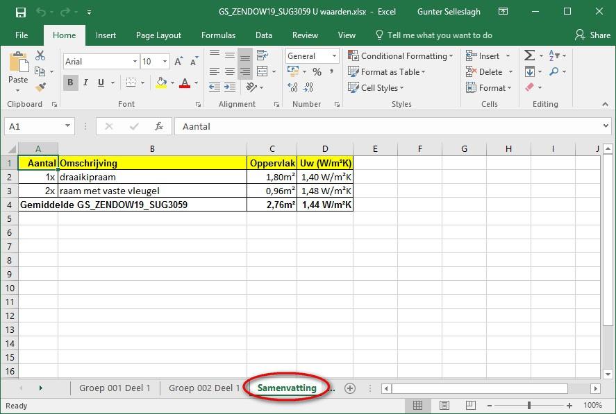 project: Het U-waarden rapport naar Excel werd ook uitgebreid