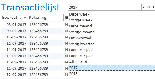 Filteren In de transactielijst zijn een aantal standaard filters beschikbaar. Een voorbeeld hiervan is een periodefilter.