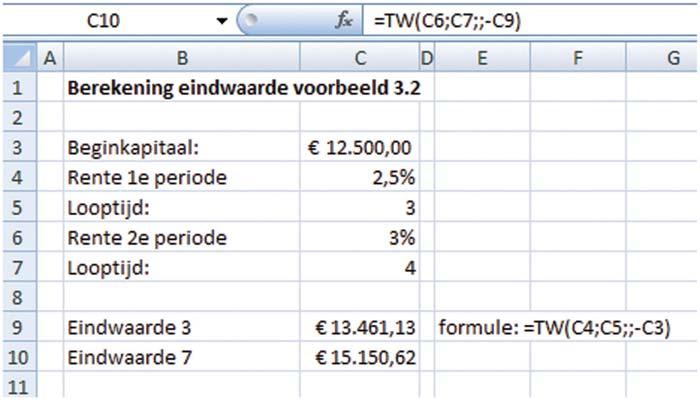38 Noordhoff Uitgevers bv FV 0 P/Y C/Y PMT: END Cursor naar FV, ALPHA, enter resultaat 550,62357 Ook bij de uitwerking met Excel wordt eerst de waarde na 3 jaar bepaald, daarna de waarde na 7 jaar.