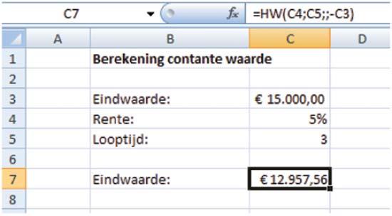 Noordhoff Uitgevers bv SAMENGESTELDE INTEREST: DE CONTANTE WAARDE 57 N 3 I% 5 PV 0 PMT 0 FV 5000 P/Y C/Y PMT: END Cursor naar PV, ALPHA, enter resultaat 2957.