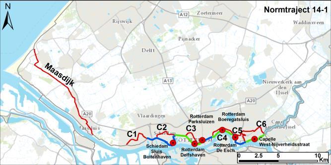 Compartimenteringsstudie zuidrand dijkring 14 oktober 2014 Figuur 25 toont de ligging van de ringdelen per normtraject, zoals gehanteerd in deze studie.