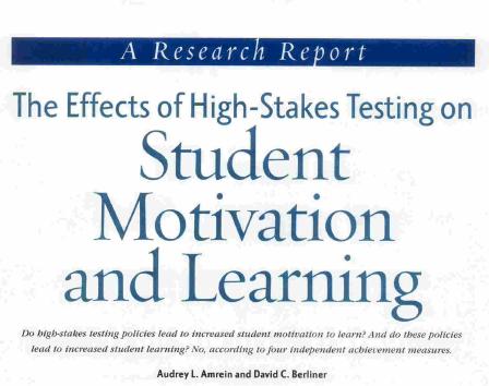 Effecten van toets- en examendruk Verlaagt de moivaie voor: zelfsturing kriisch denken het geloof in eigen kunnen een leven lang leren Verhoogt gevoelens van: Amerin, A. L., & Berliner, D. C. (2003).