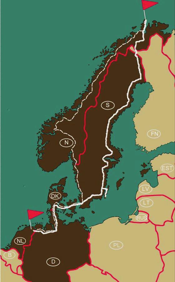 Schematische route (heenreis=stippellijn,