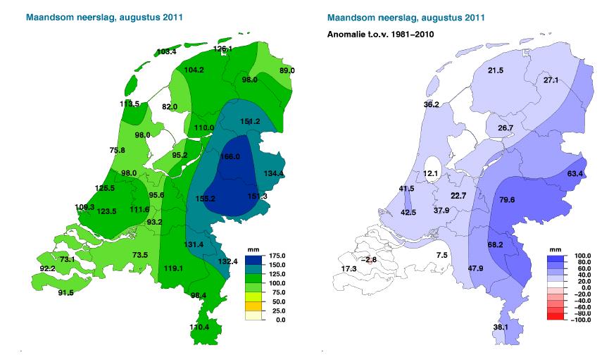 Figuur 1: Neerslag in Nederland in juli 2011 en rechts neerslag boven het gemiddelde Figuur 2: Neerslag in