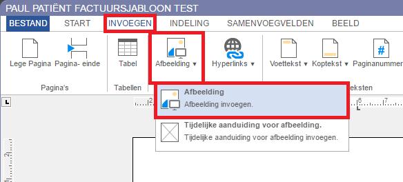 Kies, nadat u de cursor bovenin de sjabloon terugplaatst, in het menu voor: Invoegen Afbeelding.