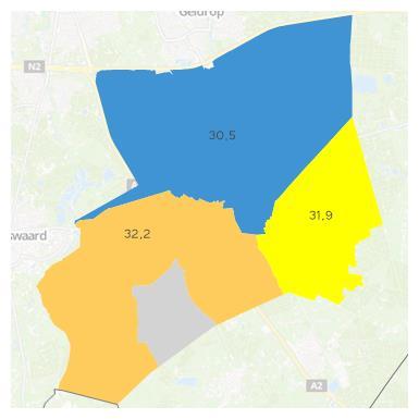 Figuur 16: Netto woonquote in gemeenten per woningmarktregio Metropoolregio Eindhoven (links) en wijken per gemeente Heeze-Leende (rechts) Verhouding kale huur/maximale huur 12 1 8 6 63 58 61 53 6 7