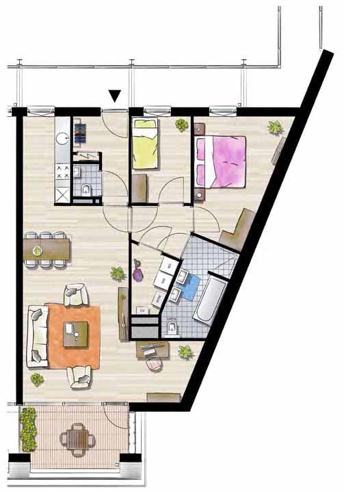 TYPE G 1-2 2E VERDIEPING eroppervlak = 102 m 2 oppervlak = 90 m 2 n dit appartement: abele woonkamer met study oiletruimte er met douche en bad ijke ruimtes gelegen aan separate