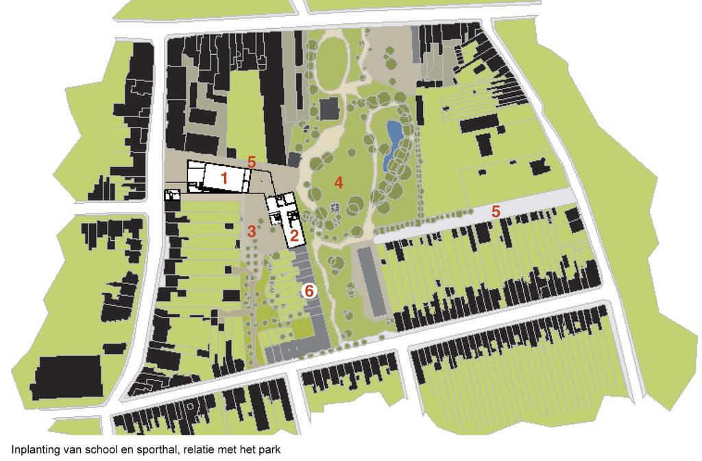 Een volume met sporthal, polyvalente feestzaal, klaslokalen en administratieve lokalen vormt een begrenzing van het subbouwblok, dat vervolledigd wordt met woningen.