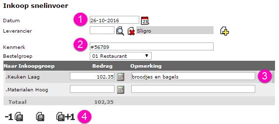 Snel inkopen registreren Op pagina Registratie Snel inkopen onder menu-item Inkoop kun je eenvoudig de pakbonnen snel invoeren. 1. Voer de datum in en selecteer de leverancier.