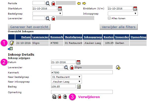 Inkopen aanpassen of verwijderen Aanpassen van een reeds ingevoerde inkoopregistratie doe je op de pagina Registratie Inkopen onder het menu-item Inkoop.