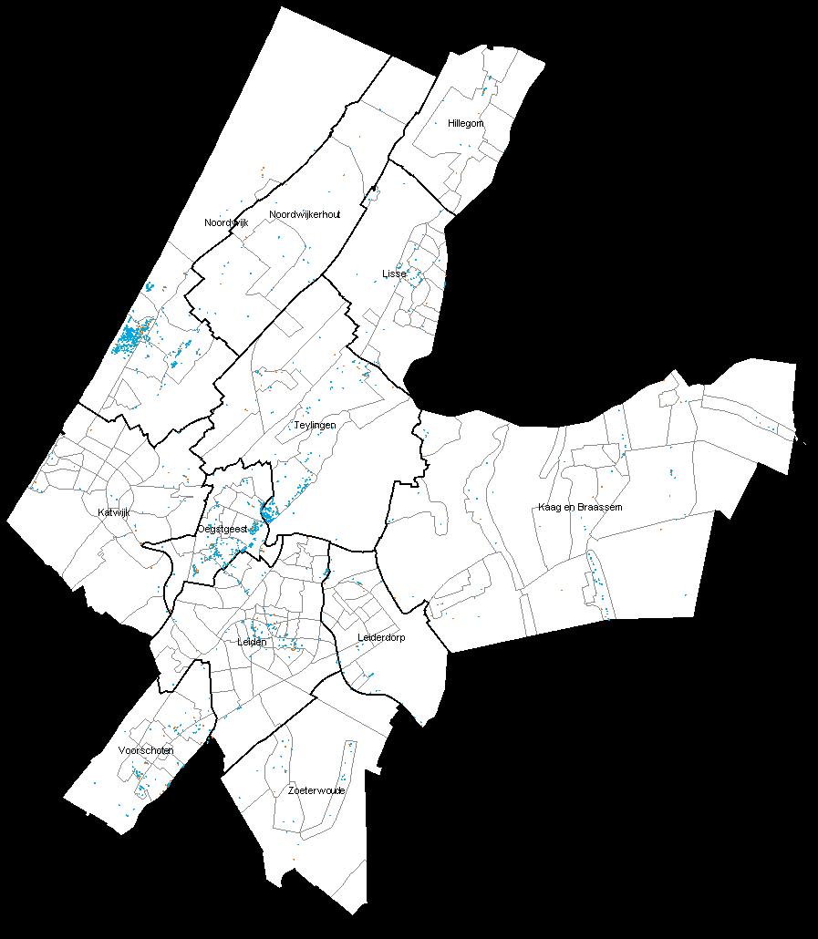 De verkooptijd van miljoenenwoningen in de Agglomeratie Leiden en Bollenstreek is met 19 maanden gemiddeld. In figuur 11 staan alle miljoenenwoningen op de kaart ingetekend.