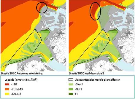 Figuur 3.2 De voorspelde morfologische situatie in 2020 met de autonome ontwikkeling (links) en het Basisalternatief (rechts). De cirkel geeft de locatie van de erosiekuil aan. (bron: figuur 11.
