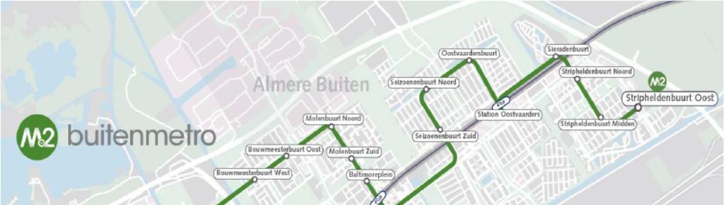5 Lijn M 2: de Buitenmetro Lijn M2 verzorgt de ontsluiting van Almere Buiten. Vanaf het station Almere Centrum rijdt de bus via de Waterwijk en de Molenbuurt naar het station Almere Buiten.