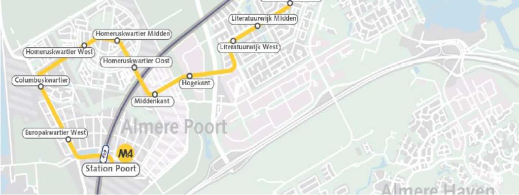 Hier rijdt de bus een route via het Homeruskwartier en Columbuskwartier om vervolgens het eindpunt bij het station Almere Poort te bereiken (zie figuur 4). De halte Gooisekant-West wordt niet bediend.
