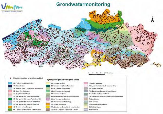 Milieueffecten 2 Figuur 38 Overzicht van de meetpunten van het freatische grondwatermeetnet en van de HHZ s in Vlaanderen Tabel 28 Aantal en het percentage meetpunten van het freatische