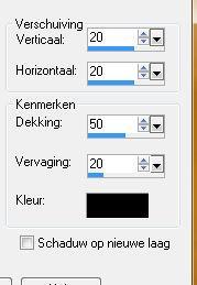 43. Effecten-> 3 d effecten- slagschaduw- v en h 20, dekking 50, vervaging 20, kleur zwart, en doe dit nog een keer maar dat v en h op -20 44.