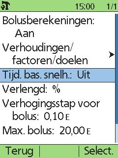 6.1 Tijdelijke basaalsnelheid Soms moet u de actieve basaalsnelheid gedurende een korte periode aanpassen. Dat kunt u doen met de functie Tijdelijke basaalsnelheid (Tijd. bas. snelh.).