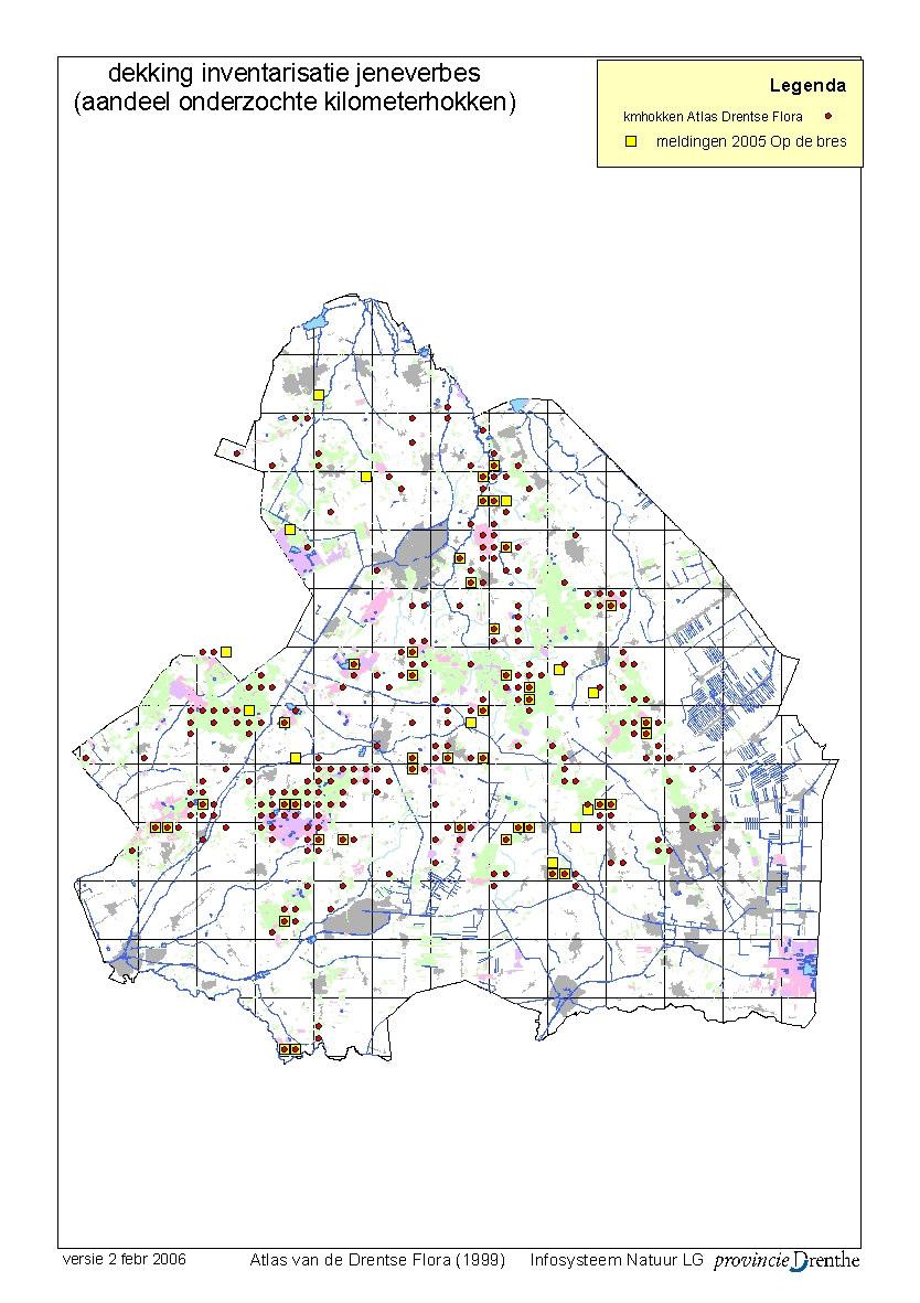 4. De resultaten 4.1 Verspreiding De Jeneverbes kwam in 1997 voor in 268 km-hokken in Drenthe (Atlas van de Drentse Flora, 1999).