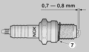 CAUTION WHEN REPLACING THE SPARK PLUG (2), CHECK THE PITCH AND LENGTH OF THE THREAD.