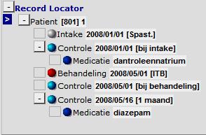 Midden rechts in beeld staat de Record Locator. Hierin is aangegeven welke records er voor de huidige patient zijn, en wordt met een blauw pijltje > het huidige record aangegeven.