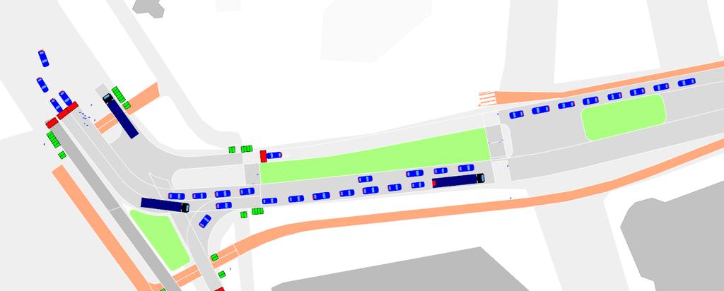 Figuur 8 Screenshot simulatiemodel: wachtrijen voor zebrapaden (situatie ochtendspits, 8:25 uur, met linksaf beweging Heuvel en dosering Kanaalroute) Verkeersafwikkeling 18 Septemberplein Het 18