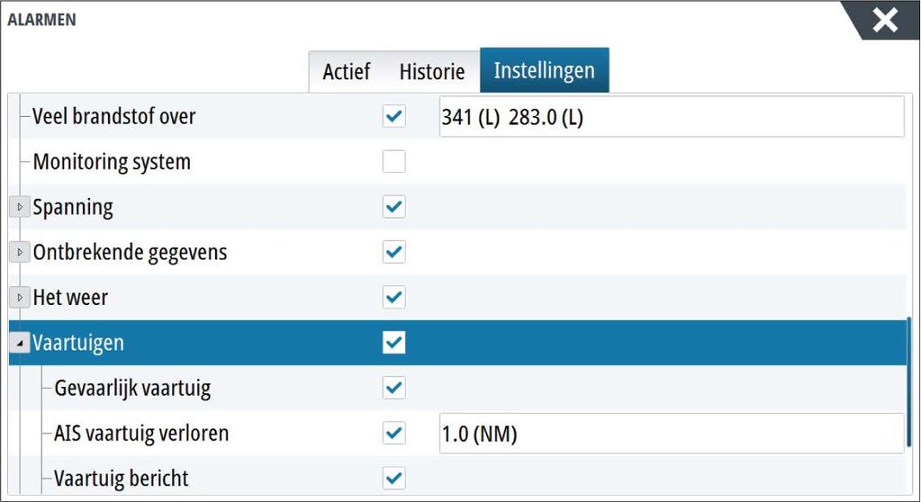Vaartuigalarmen U kunt verschillende alarmen instellen om u te waarschuwen als er een doel binnen vooraf gedefinieerde limieten komt, of als een eerder gedefinieerd doel verloren is gegaan.