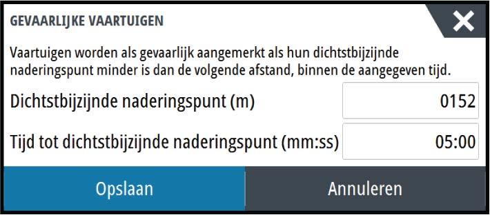 A: Koers B: Koers over de grond (COG) De lengte van de verlengingslijnen wordt ingesteld als vaste afstand, of om de afstand aan te geven die het vaartuig zal afleggen binnen een geselecteerde tijd.