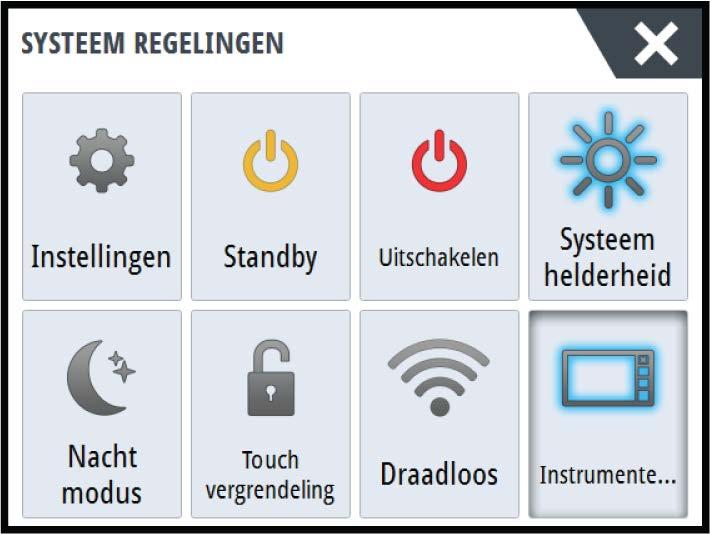 2 Bediening, basis Dialoogvenster Systeem regelingen Het dialoogvenster Systeem regelingen biedt snelle toegang tot basisinstellingen van het systeem.