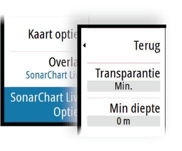 Wanneer u SonarChart Live Overlay selecteert, wordt het menu uitgevouwen en worden de opties van SonarChart Live weergegeven. Gebruik de optie om de transparantie en minimale diepte in te stellen.