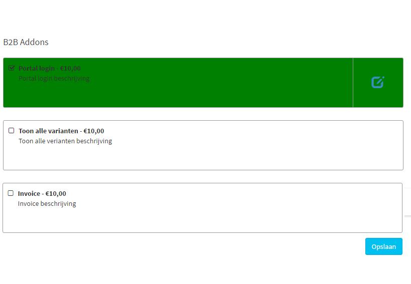 B2B Addons is een verzamelnaam voor drie verschillende functionaliteiten. De Portal Login, Invoice en Toon alle varianten.