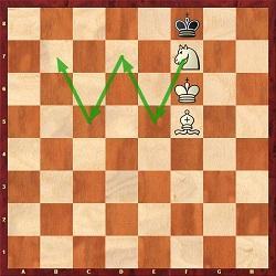 15 4.LOPER + PAARD TEGEN KONING En als moment suprȇme loper+paard+koning tegen koning. Voor velen is dit een schaakje te ver om een koning mat te zetten. Mede door: De vijftig zetten regel.
