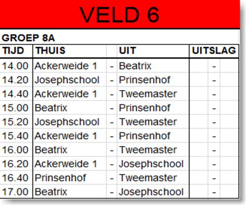 Schoolvoetbaltoernooi Groep 7/8 speelt op woensdag 12 april. De leider is de vader van Donny. Jullie moeten om 14.00 uur verzamelen bij het speeltuintje van DSVP. De eerste wedstrijd is om 14.40 uur.