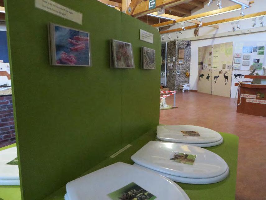 Onderdelen tentoonstelling 6 toiletten met namaakpoep van verschillende dieren.