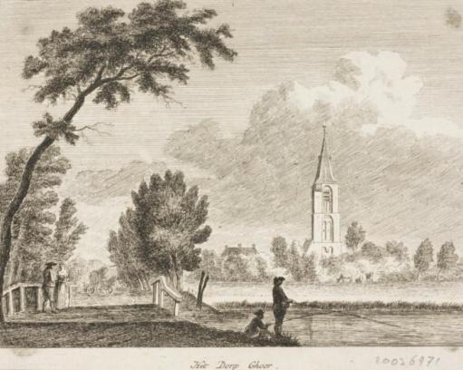 De hoek Kerkstraat - Diepenheimseweg, officieus het Kerkplein of in de volksmond ook wel genoemd: 'n Plas Het Dorp Ghoor.", gezicht op Hofkerk en omgeving ca 1750.