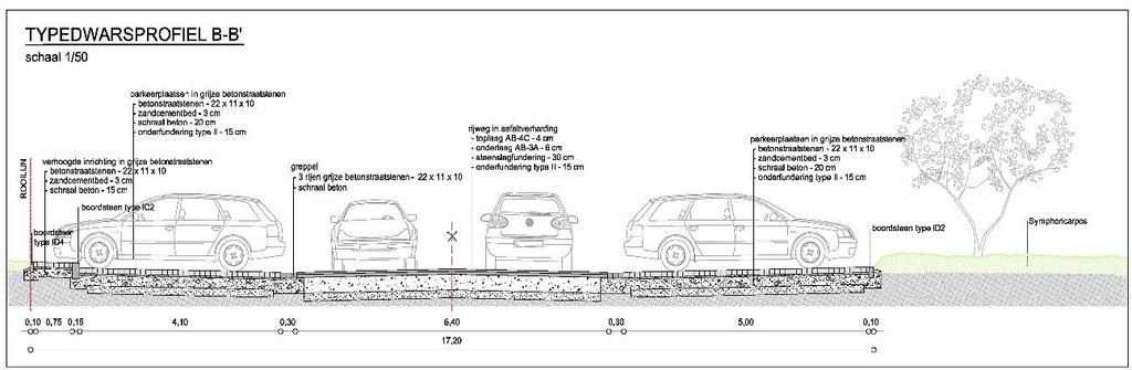 - Het aanleggen van een verhoogde inrichting aan de parkeerplaatsen bestaande uit een verharding in betonstraatstenen en betontegels, gefundeerd door een zandcementbed van 3cm en een laag schraal
