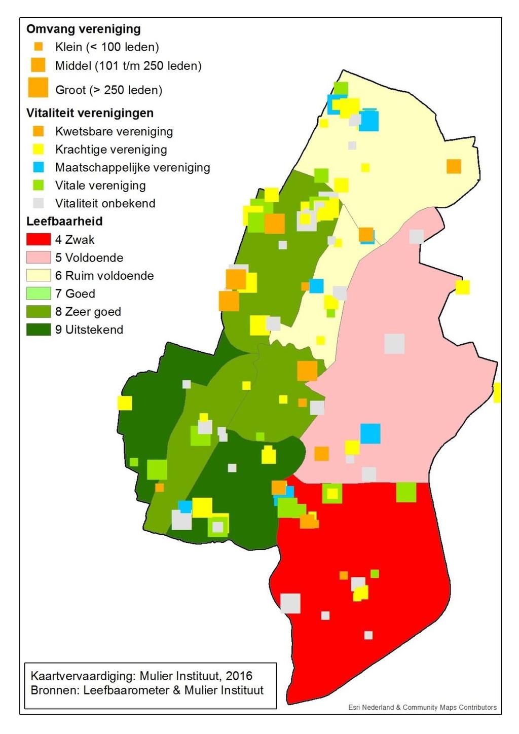 Verenigingen in de gemeentelijke context De kaart geeft de plaats waar de verenigingen actief zijn in gemeente weer met de mate van vitaliteit en de leefbaarheid van de wijk.