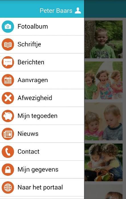 Binnen dit menu kun je navigeren naar de diverse onderdelen van de app.