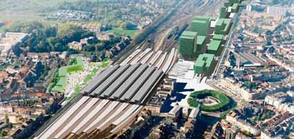 Aan de kant van het station ligt de nadruk op kantoren en commerciële functies. Hier zijn ook enkele slanke hoogbouwaccenten voorzien.