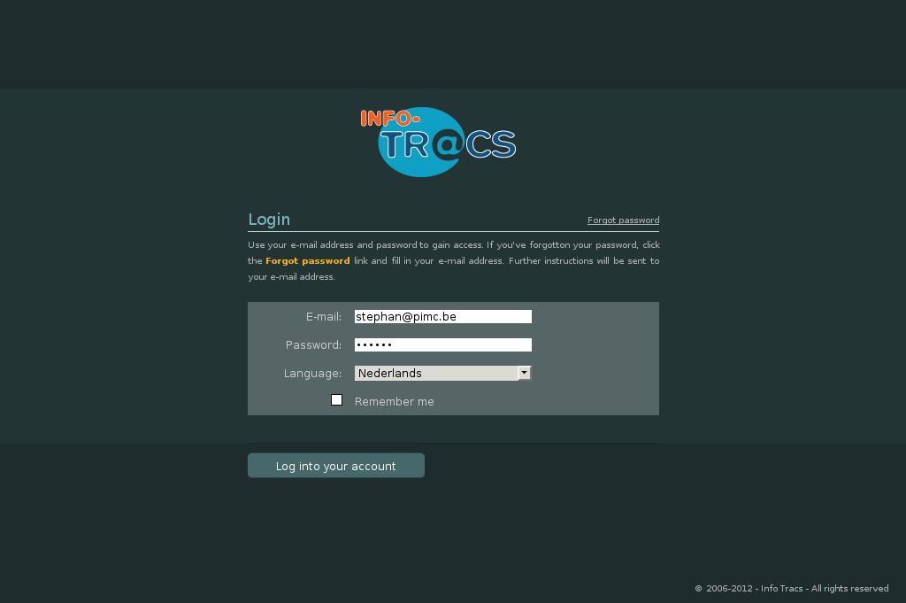 Login Figuur : Login Elke klant heeft een eigen website waarop de content van Info Tracs kan beheerd worden. Door de klantspecifieke URL in te geven kan je de website bereiken bvb http://pimc.