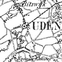 De historische kaart van 1865 laat een langgerekte openbare ruimte zien bij de