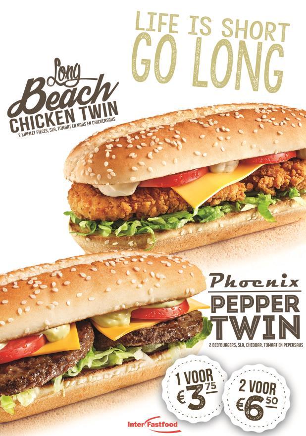 4 Twins pakket 3 dozen Watersplit bun 1 doos beefburger 55 1 doos new York chicken strips 6 flessen pepersaus 1 emmer chicken
