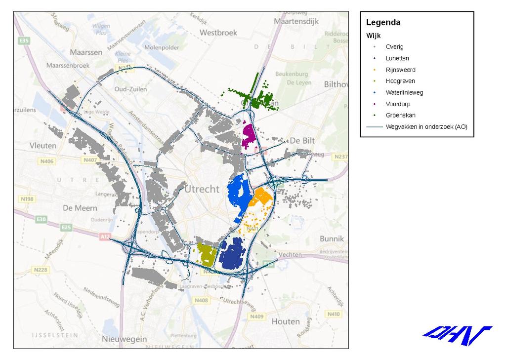 Afbeelding 3-5: Onderscheiden bestemmingen in wijken tbv analyse resultaten. De bestemmingen in afbeelding 3-5 zijn automatisch gegenereerd op basis van wegvakken die in het onderzoek zijn opgenomen.