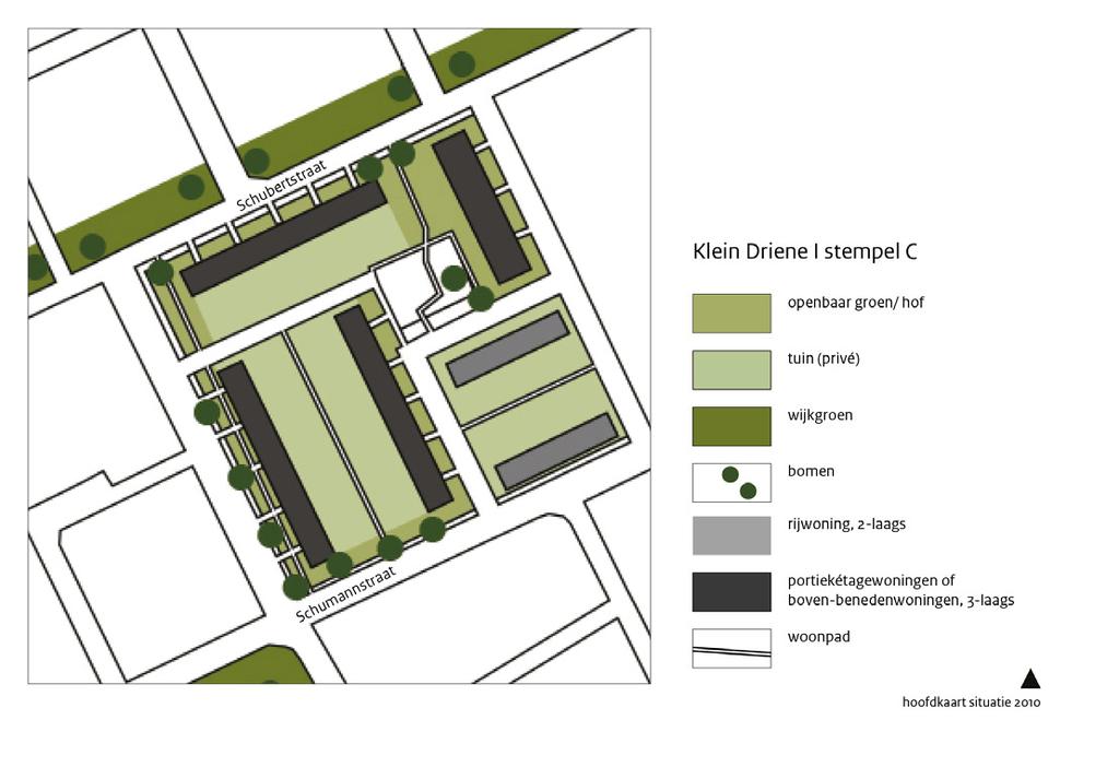 18 De bebouwing van de stempels B en C bestaat uit portiekétagewoningen van drie lagen en laagbouwblokken van eengezins- en bejaardenwoningen. Veel portiekétagewoningen hebben privé-tuinen.