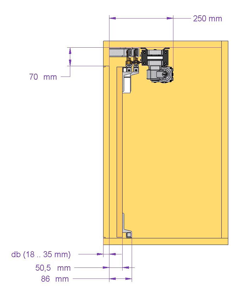 INBOUWRUIMTE - VERLOREN RUIMTE Omdat de motorisatie en geleiding bovenaan in de kast gemonteerd wordt, is het essentieel dat dit afgedekt wordt met een plint. Deze dient minimaal 70 mm hoog te zijn.