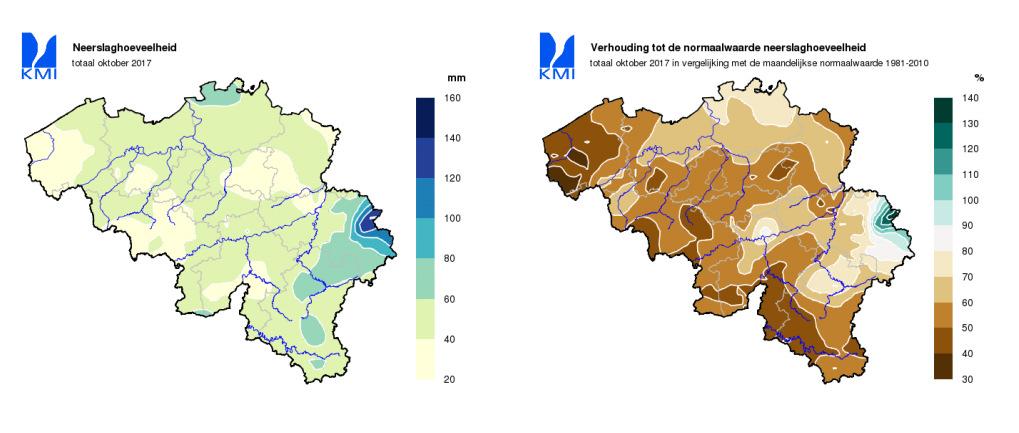 2.1.2 Sinds zomer 2016 In oktober 2017 viel abnormaal weinig neerslag. Sinds september 2016 viel slechts 695 mm neerslag in Ukkel, waar de som van de normalen 995.8 mm is.